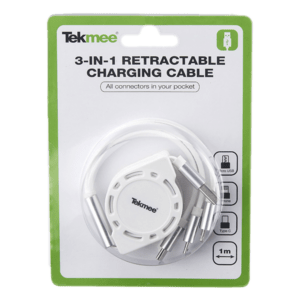 Tekmee 3 in 1 Retractable, USB to Lightning/Type-C/Micro USB, Charge & Sync Cable (40430051)